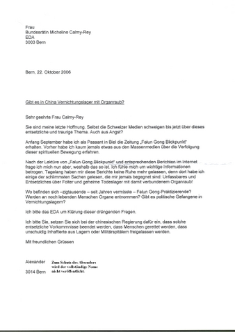 Schweiz Brief An Die Bundesrätin Micheline Calmy Rey